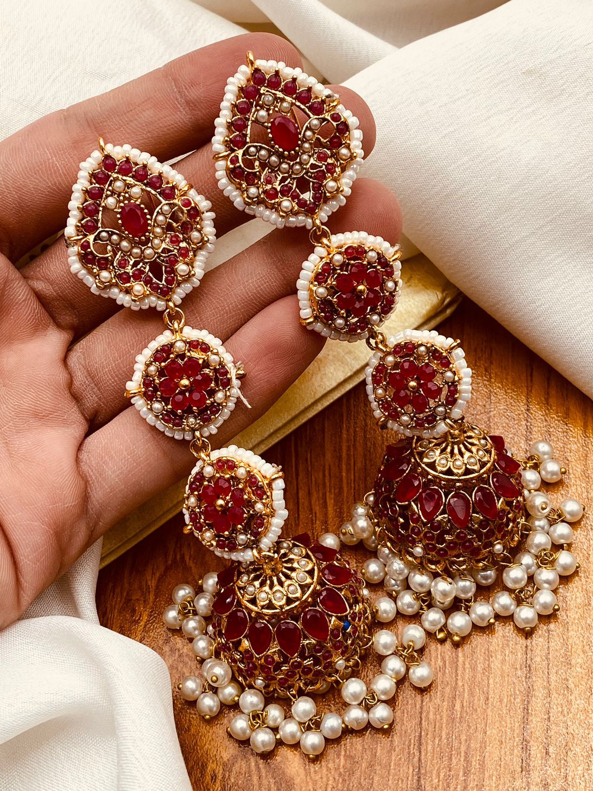 Bollywood Long Dangle Earrings Gold Plated with Pearls & Red Enamel - Duel  On Jewel